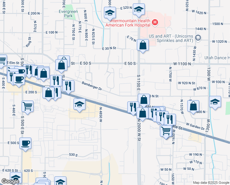 map of restaurants, bars, coffee shops, grocery stores, and more near 185 930 East in American Fork