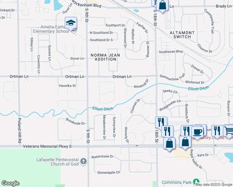 map of restaurants, bars, coffee shops, grocery stores, and more near 3575 Canterbury Drive in Lafayette