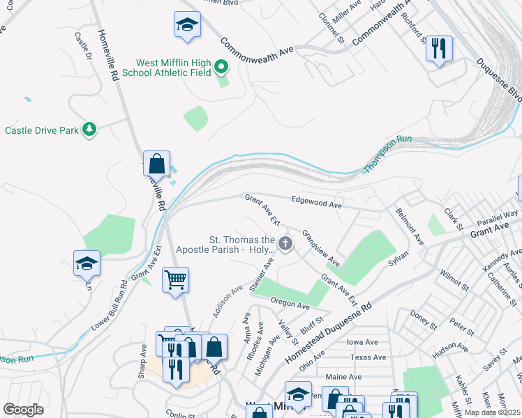 map of restaurants, bars, coffee shops, grocery stores, and more near 709 Grant Avenue Extension in West Mifflin