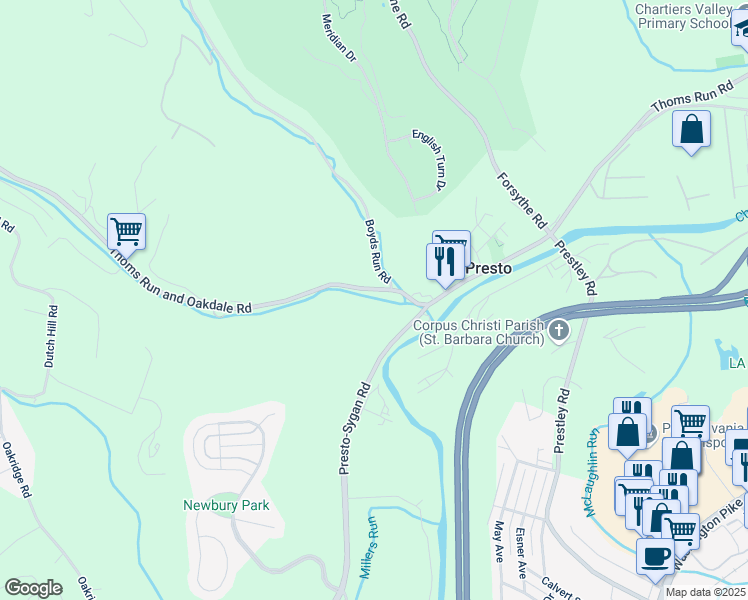 map of restaurants, bars, coffee shops, grocery stores, and more near 5146 Thoms Run Road in Presto