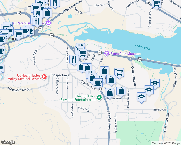 map of restaurants, bars, coffee shops, grocery stores, and more near 341 4th Street in Estes Park