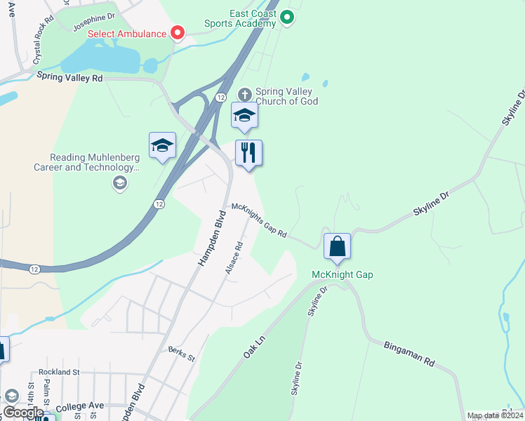 map of restaurants, bars, coffee shops, grocery stores, and more near 2003 McKnights Gap Road in Reading