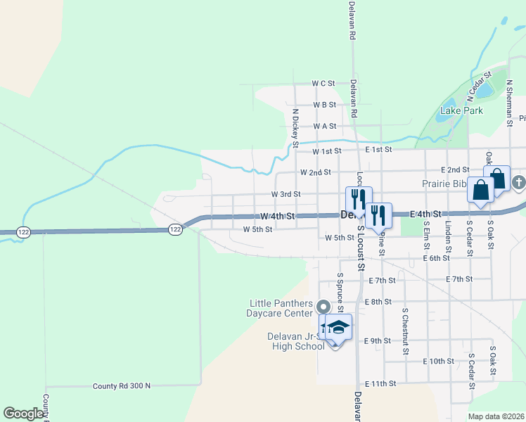 map of restaurants, bars, coffee shops, grocery stores, and more near 507 West 4th Street in Delavan