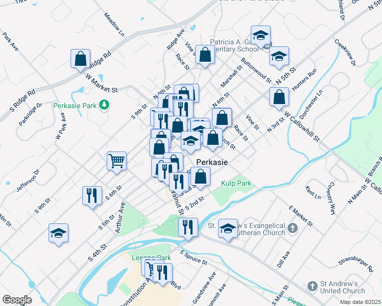 map of restaurants, bars, coffee shops, grocery stores, and more near 17 S 5th St in Perkasie