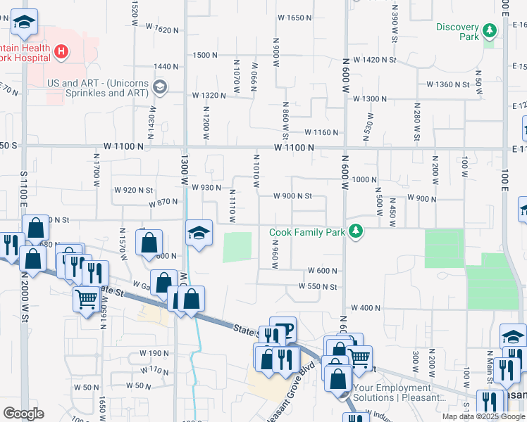 map of restaurants, bars, coffee shops, grocery stores, and more near 854 North 1010 West in Pleasant Grove