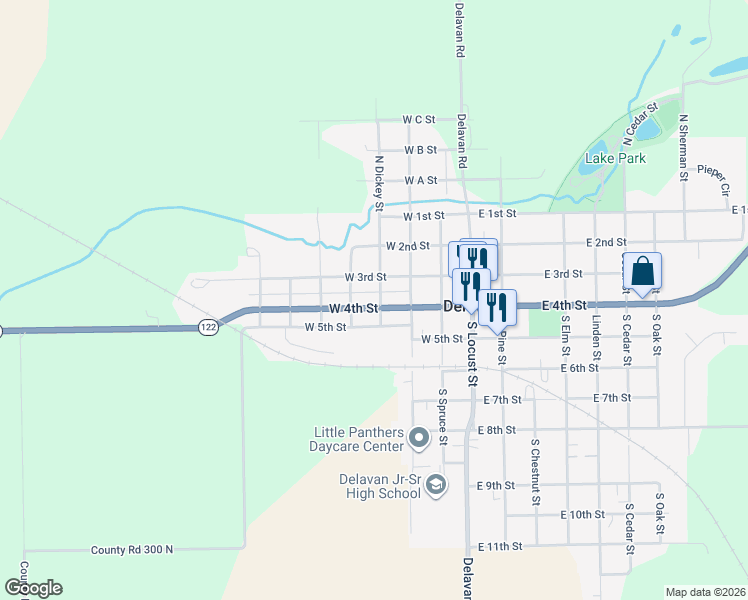 map of restaurants, bars, coffee shops, grocery stores, and more near 413-499 West 4th Street in Delavan