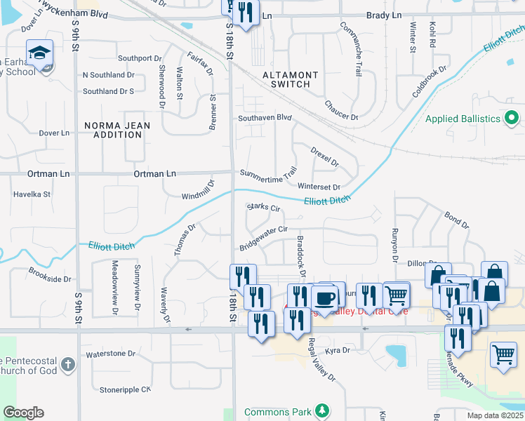 map of restaurants, bars, coffee shops, grocery stores, and more near 1918 Chamberlin Drive in Lafayette