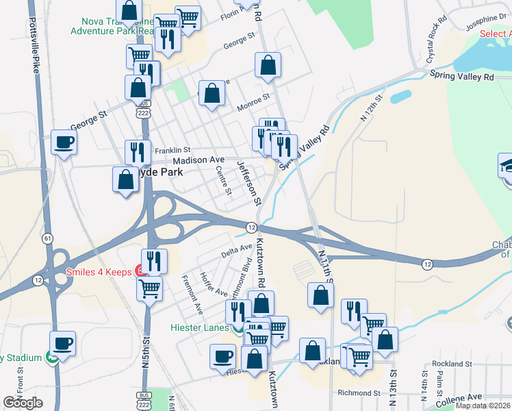 map of restaurants, bars, coffee shops, grocery stores, and more near 2421 Kutztown Road in Reading
