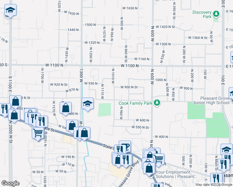 map of restaurants, bars, coffee shops, grocery stores, and more near 854 North 1010 West in Pleasant Grove