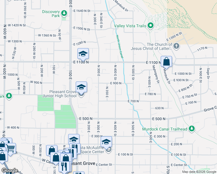 map of restaurants, bars, coffee shops, grocery stores, and more near 815 North 400 East Street in Pleasant Grove