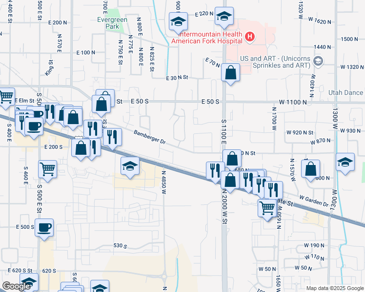 map of restaurants, bars, coffee shops, grocery stores, and more near 185 930 East in American Fork