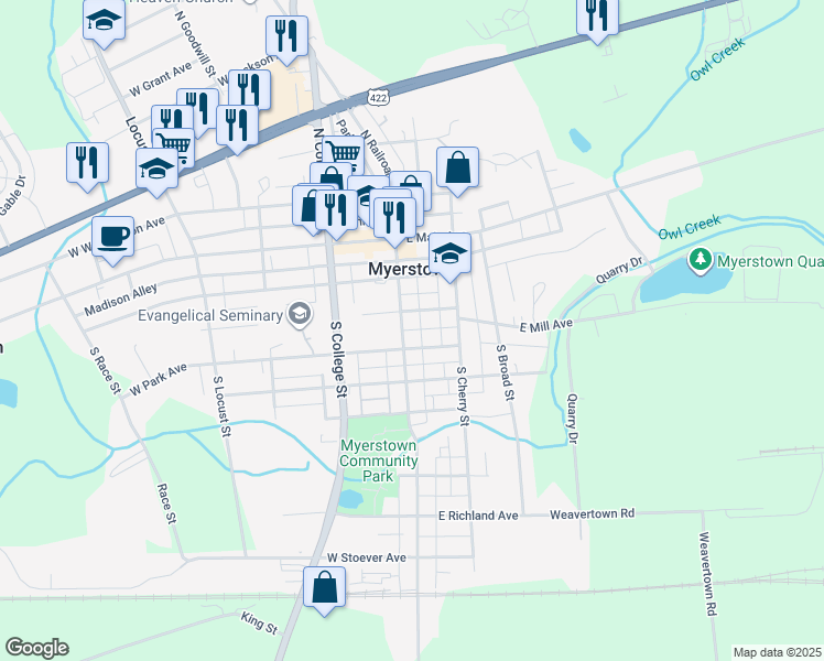 map of restaurants, bars, coffee shops, grocery stores, and more near 9 East Park Avenue in Myerstown