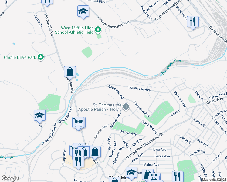 map of restaurants, bars, coffee shops, grocery stores, and more near 709 Grant Avenue Extension in West Mifflin