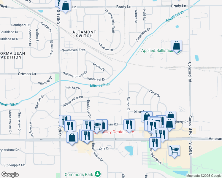 map of restaurants, bars, coffee shops, grocery stores, and more near 2014 Bridgewater Court in Lafayette