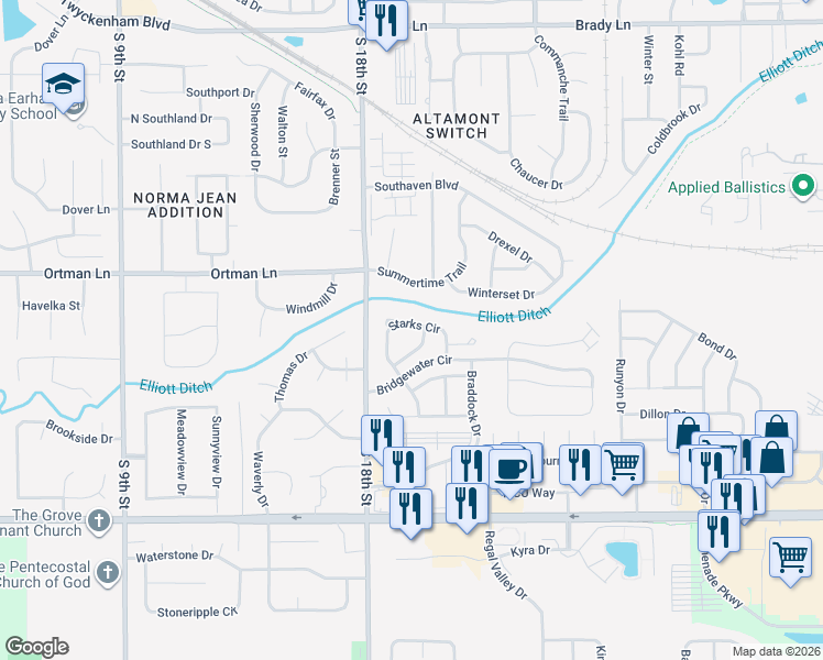 map of restaurants, bars, coffee shops, grocery stores, and more near 1918 Chamberlin Drive in Lafayette
