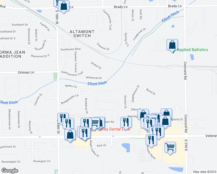 map of restaurants, bars, coffee shops, grocery stores, and more near 50 Bridgewater Court in Lafayette