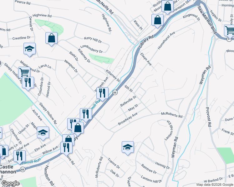 map of restaurants, bars, coffee shops, grocery stores, and more near 3121 Library Road in Pittsburgh