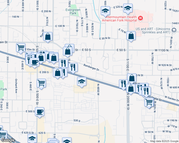 map of restaurants, bars, coffee shops, grocery stores, and more near 814 Bamberger Drive in American Fork