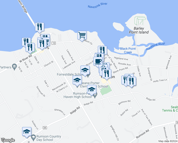map of restaurants, bars, coffee shops, grocery stores, and more near 22 North Street in Rumson