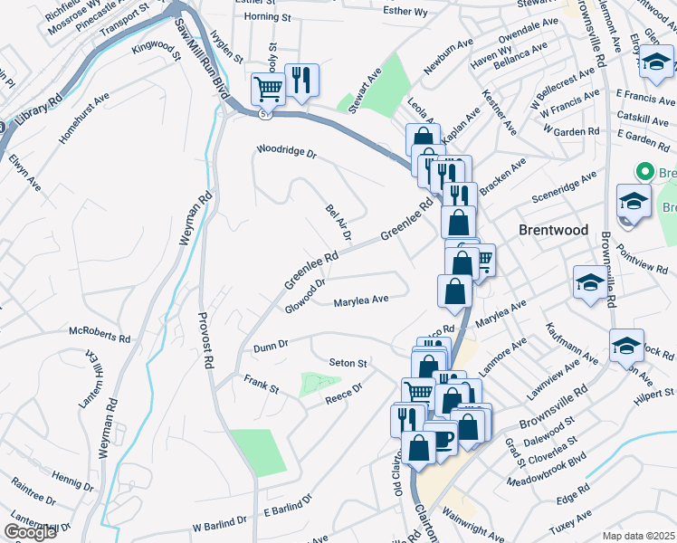 map of restaurants, bars, coffee shops, grocery stores, and more near 537 Glowood Drive in Pittsburgh