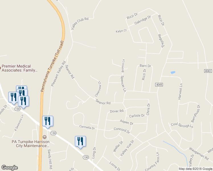 map of restaurants, bars, coffee shops, grocery stores, and more near 124 Dolores Drive in Irwin
