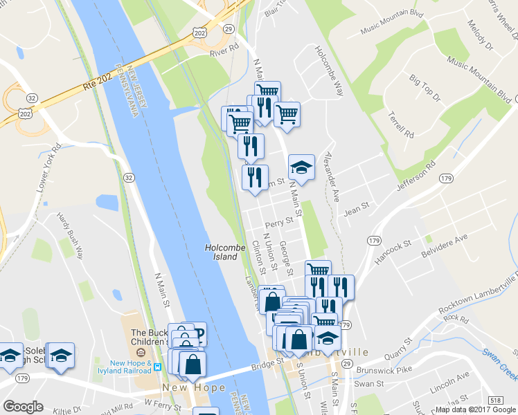 map of restaurants, bars, coffee shops, grocery stores, and more near North Union Street & Buttonwood Street in Lambertville