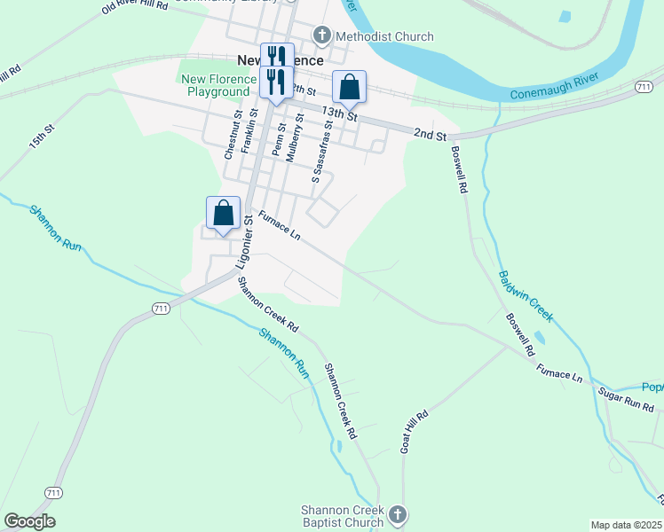 map of restaurants, bars, coffee shops, grocery stores, and more near 228 Furnace Lane in New Florence