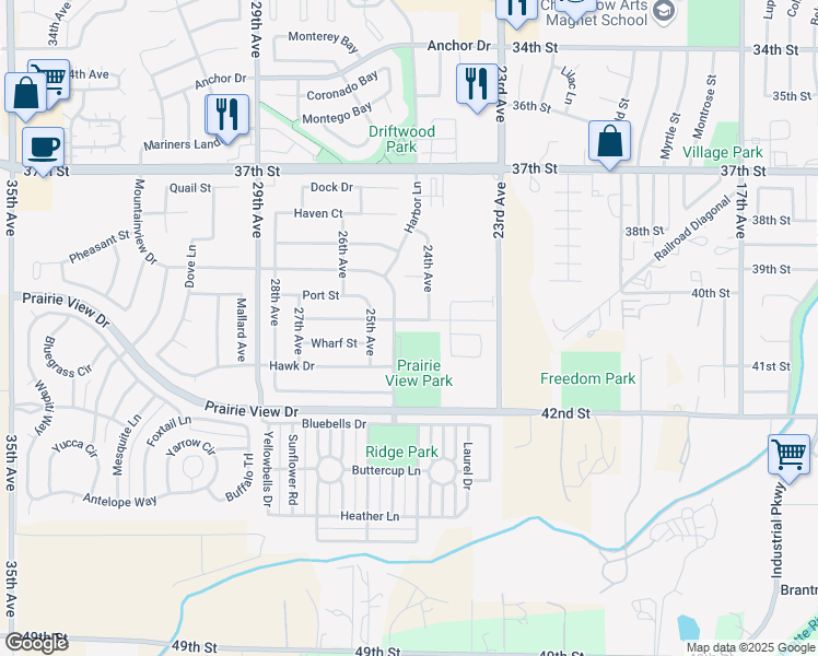 map of restaurants, bars, coffee shops, grocery stores, and more near 2414 Quay Street in Evans