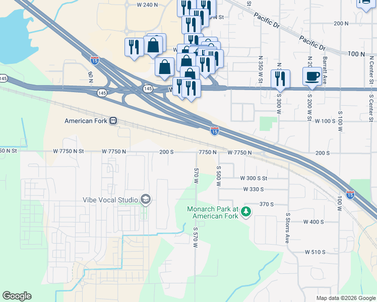 map of restaurants, bars, coffee shops, grocery stores, and more near 600 West 7750 North in American Fork