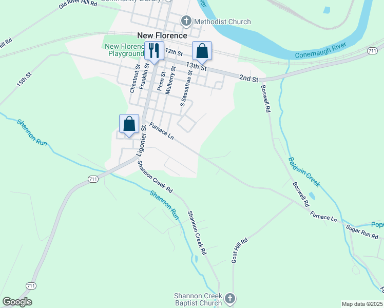 map of restaurants, bars, coffee shops, grocery stores, and more near 228 Furnace Lane in New Florence