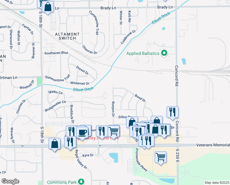 map of restaurants, bars, coffee shops, grocery stores, and more near 3122 Runyon Drive in Lafayette