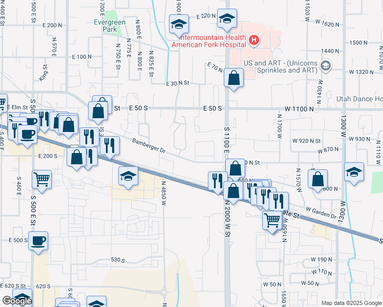 map of restaurants, bars, coffee shops, grocery stores, and more near 185 930 East in American Fork