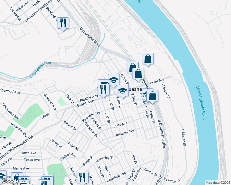map of restaurants, bars, coffee shops, grocery stores, and more near in Duquesne