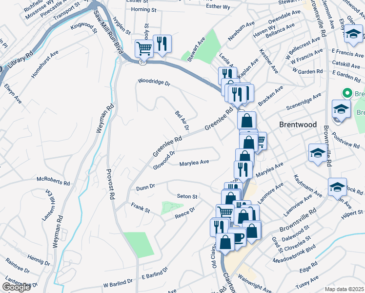 map of restaurants, bars, coffee shops, grocery stores, and more near 537 Glowood Drive in Pittsburgh