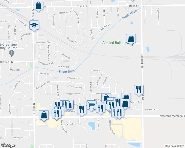 map of restaurants, bars, coffee shops, grocery stores, and more near 3122 Runyon Drive in Lafayette