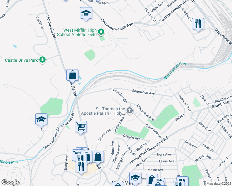 map of restaurants, bars, coffee shops, grocery stores, and more near 709 Grant Avenue Extension in West Mifflin