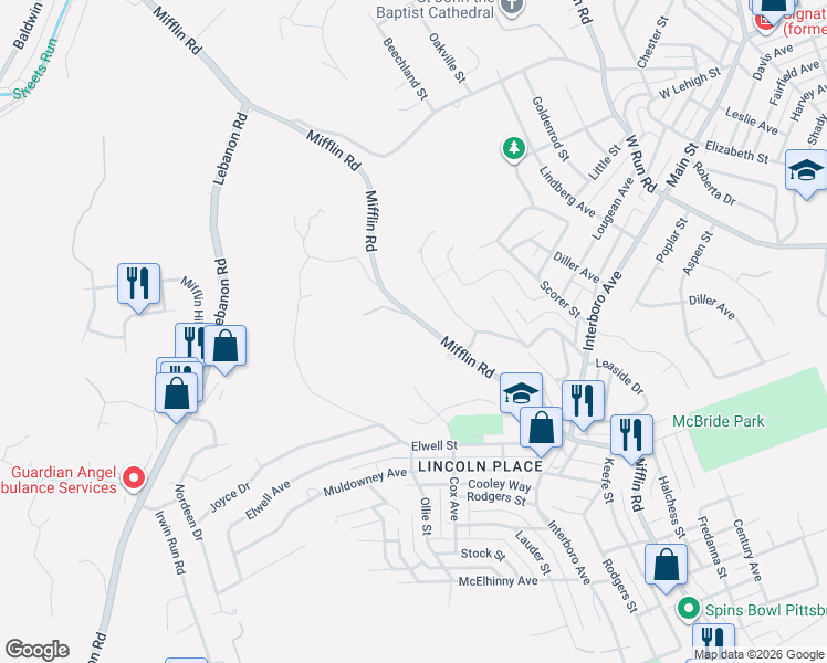map of restaurants, bars, coffee shops, grocery stores, and more near 1126 Mifflin Road in Pittsburgh