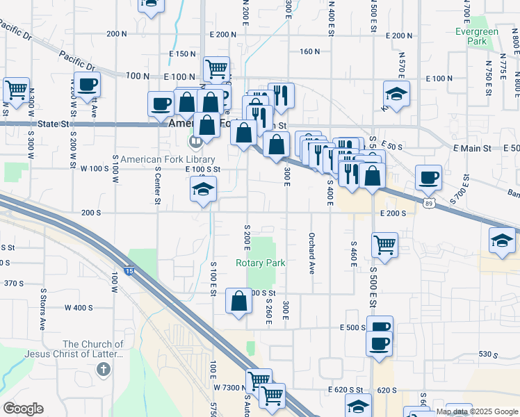 map of restaurants, bars, coffee shops, grocery stores, and more near 235 East 200 South in American Fork