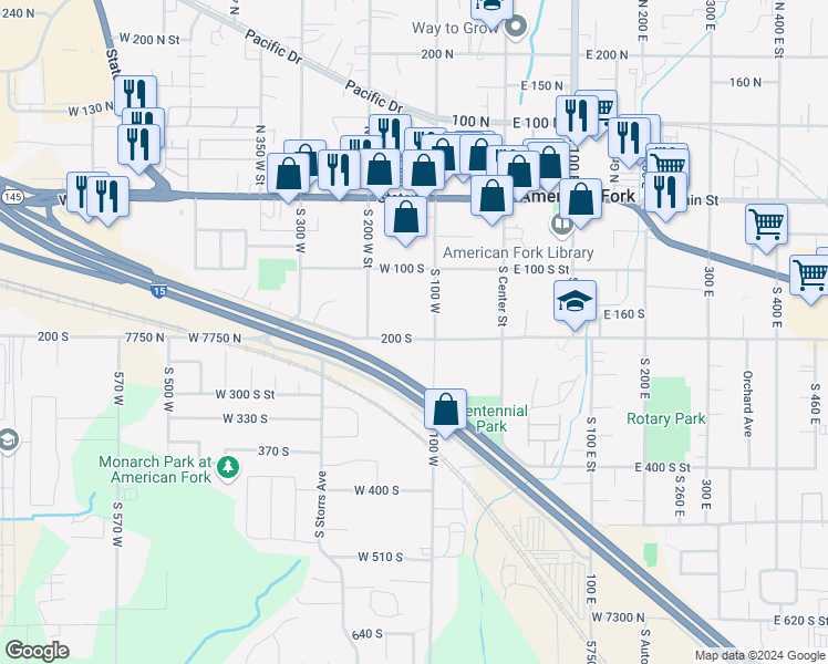 map of restaurants, bars, coffee shops, grocery stores, and more near 132 West 200 South Street in American Fork