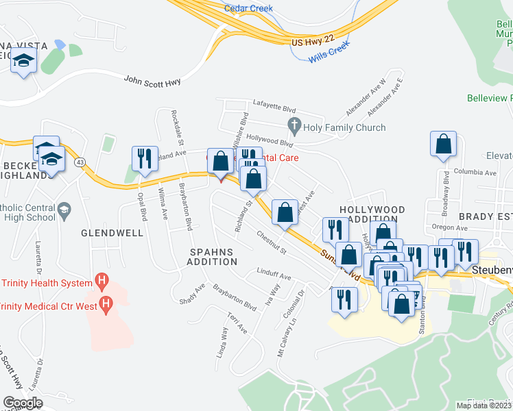 map of restaurants, bars, coffee shops, grocery stores, and more near 2524 Sunset Boulevard in Steubenville