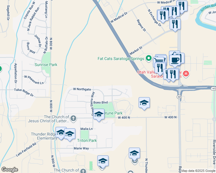 map of restaurants, bars, coffee shops, grocery stores, and more near 427 Hills Drive in Saratoga Springs