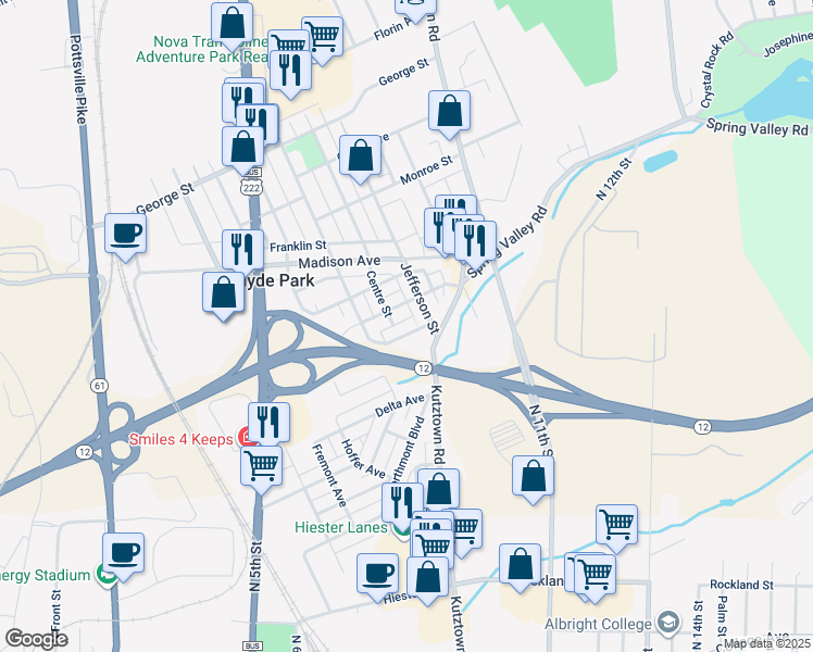 map of restaurants, bars, coffee shops, grocery stores, and more near 115 Park Avenue in Reading