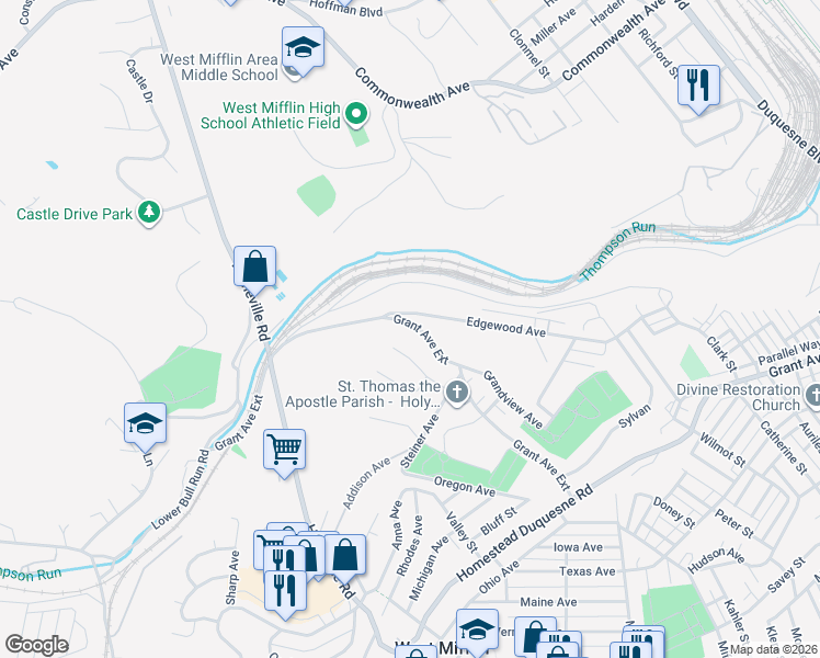 map of restaurants, bars, coffee shops, grocery stores, and more near 709 Grant Avenue Extension in West Mifflin