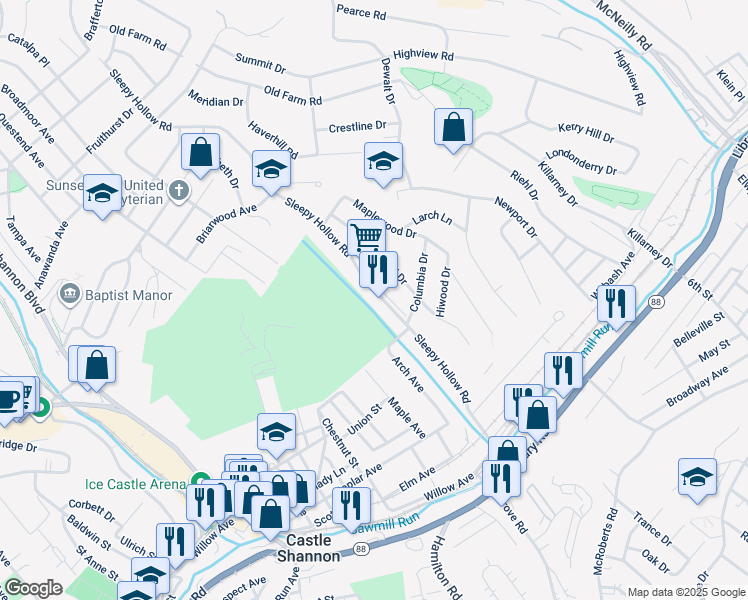 map of restaurants, bars, coffee shops, grocery stores, and more near 839 Sleepy Hollow Road in Castle Shannon