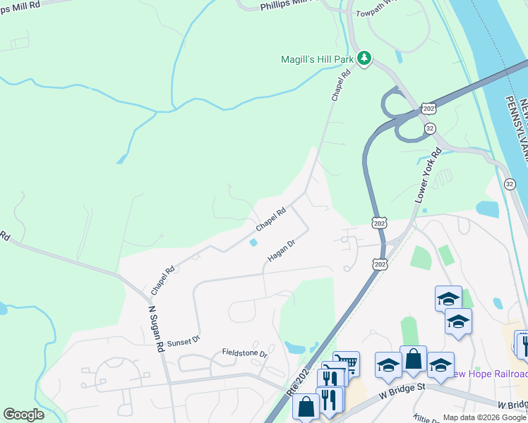 map of restaurants, bars, coffee shops, grocery stores, and more near 65 Chapel Road in New Hope
