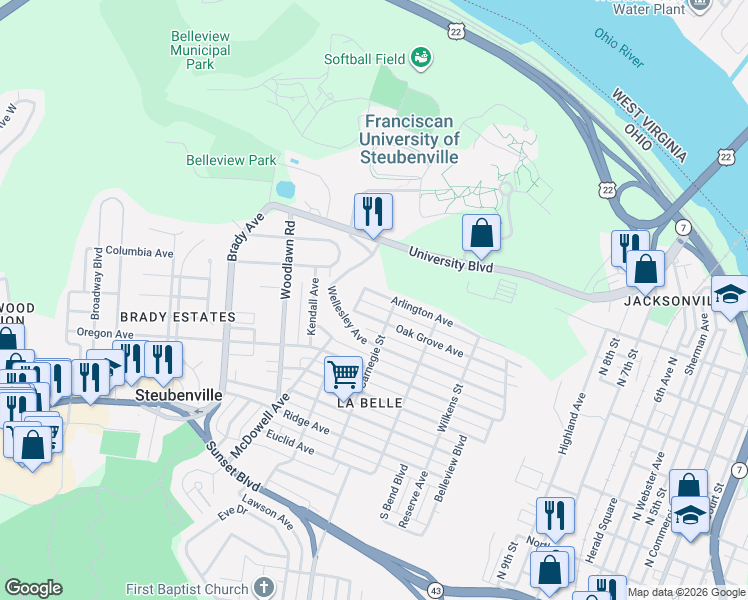 map of restaurants, bars, coffee shops, grocery stores, and more near 1403 Oak Grove Avenue in Steubenville