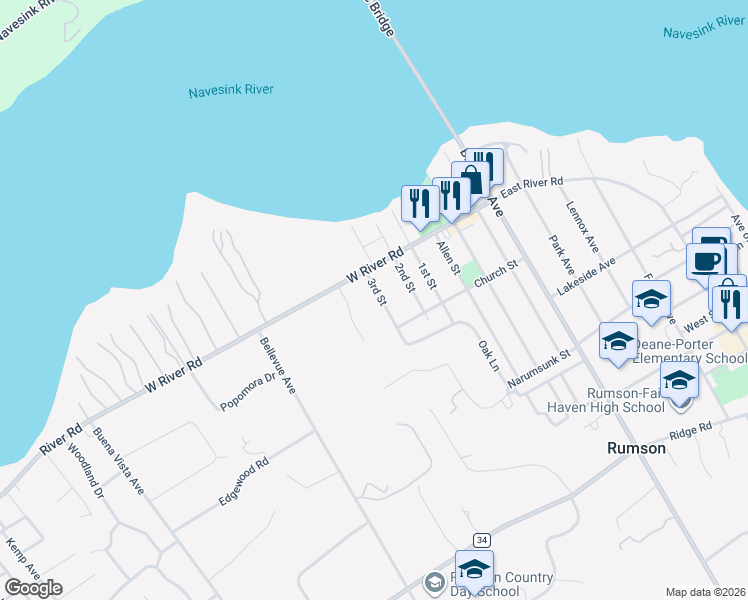 map of restaurants, bars, coffee shops, grocery stores, and more near 14 3rd Street in Rumson