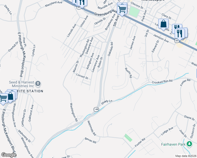 map of restaurants, bars, coffee shops, grocery stores, and more near 139 Robin Street in North Versailles