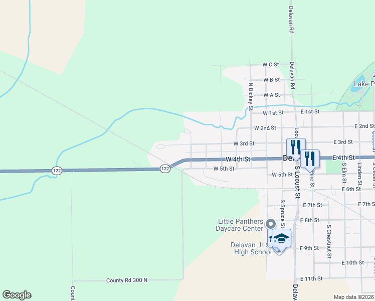 map of restaurants, bars, coffee shops, grocery stores, and more near 709 West 4th Street in Delavan