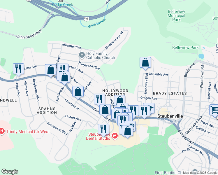map of restaurants, bars, coffee shops, grocery stores, and more near 259 Hollywood Boulevard in Steubenville